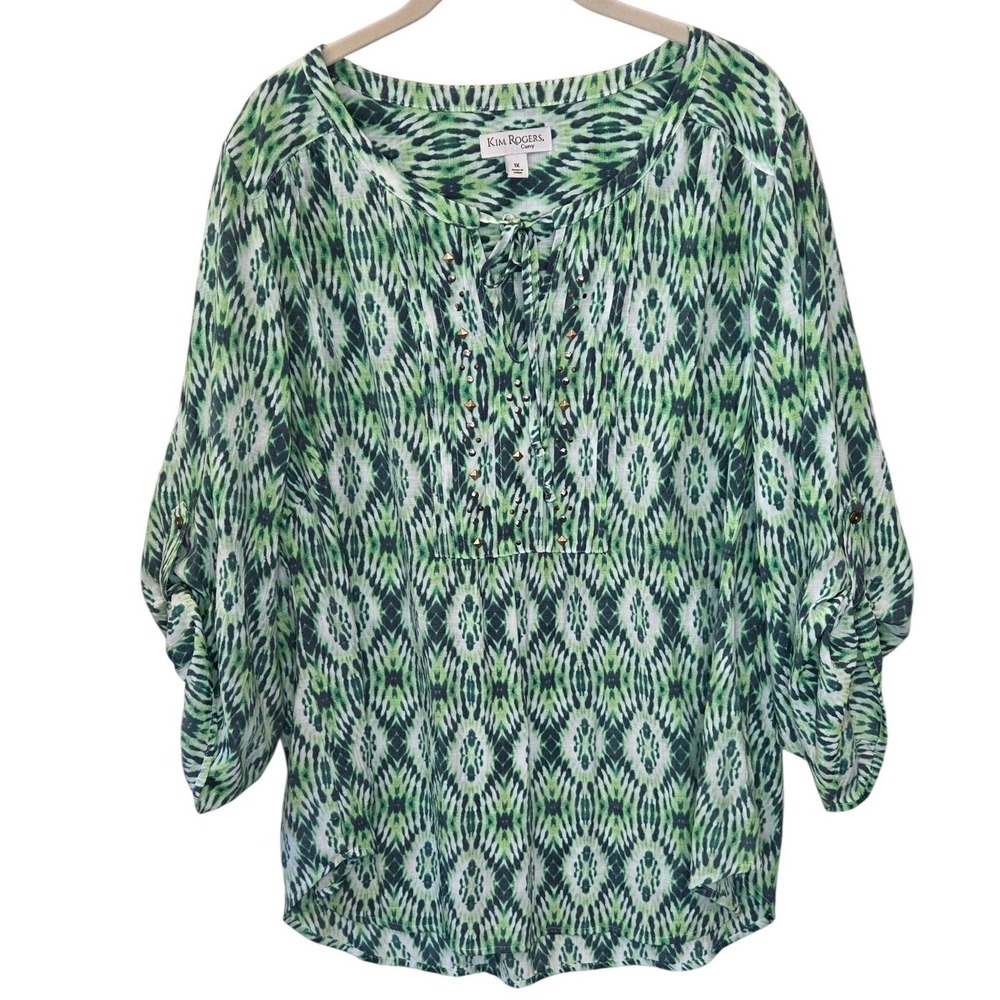 Kim Rogers Curvy Womens 1X Green Ikat Studded Tie Neck Roll Tab Sleeve Tunic Top